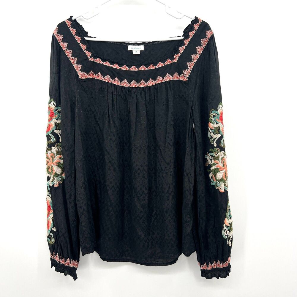 Sundance Black Boho Peasant Top M Floral Embroidered Sequin Long Sleeve Viscose
